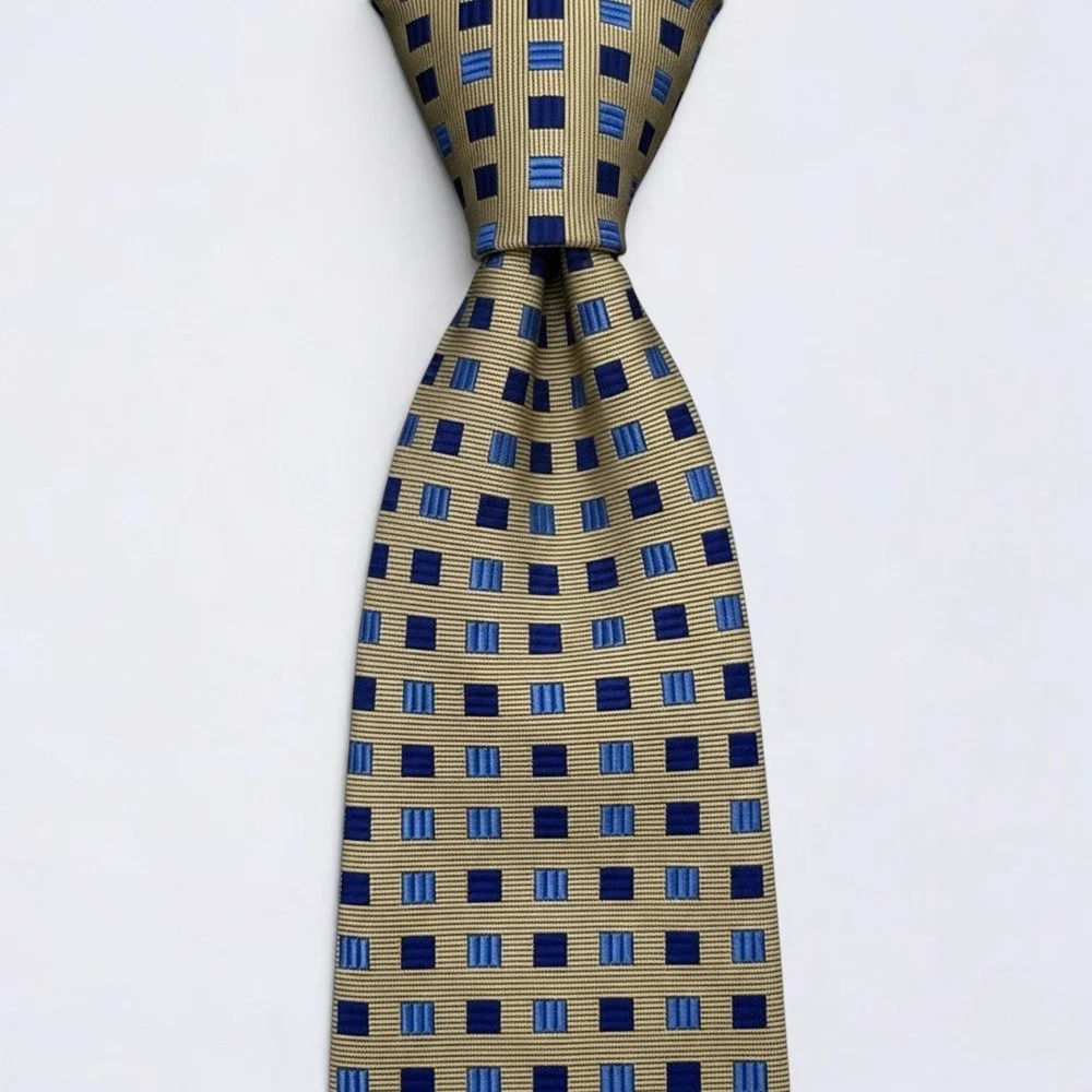Brooks Brothers Necktie Adult Gold Blue Geometric Silk Woven In England USA Made